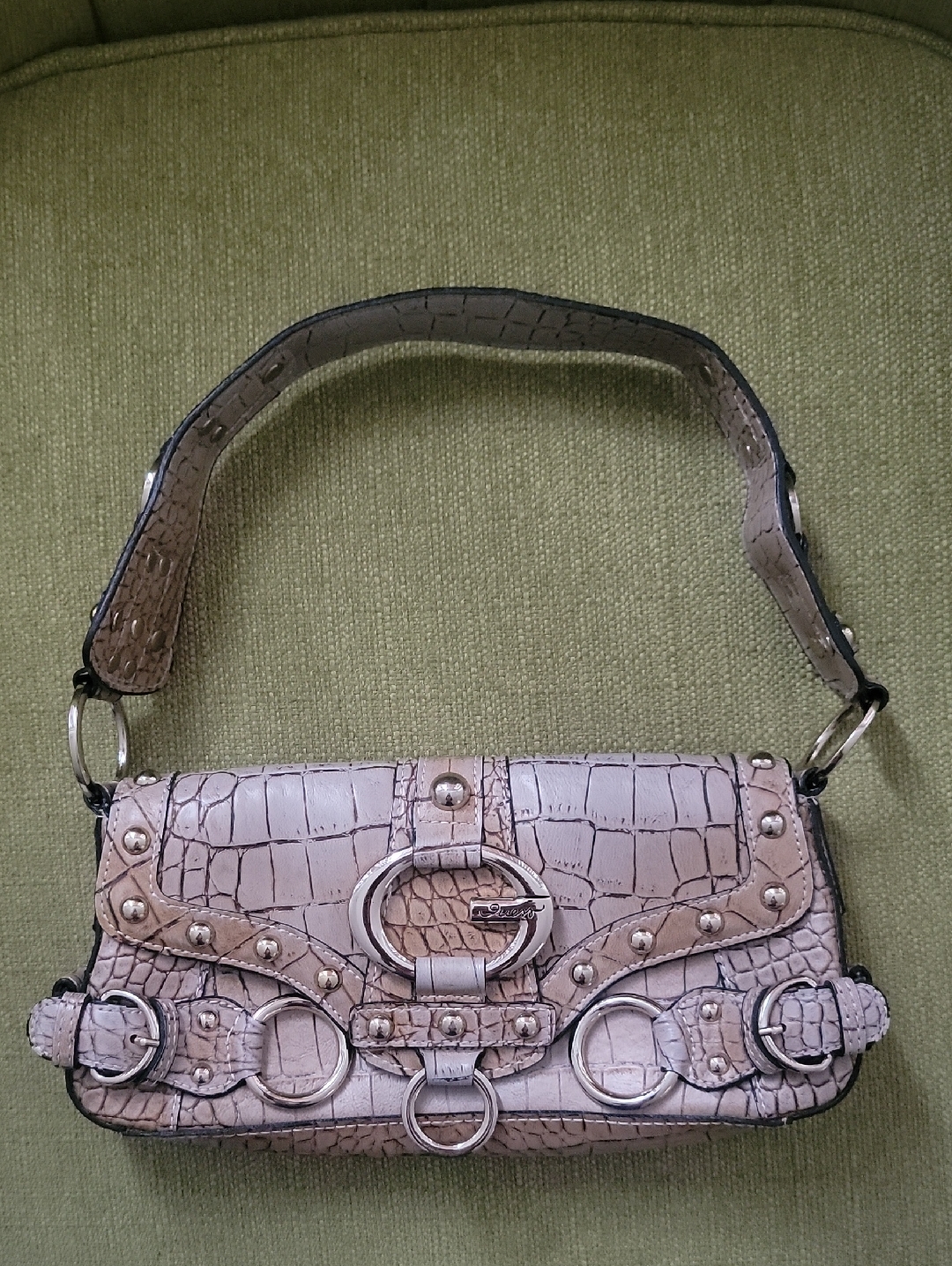 Guess Croc-Embossed Studded Shoulder Bag In Light Taupe